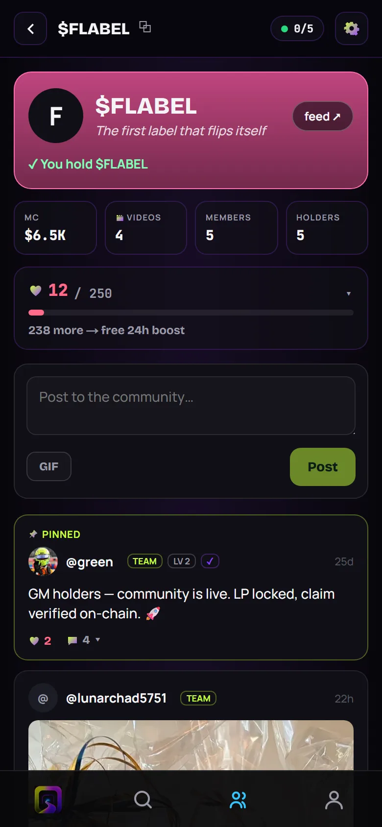 A Skripe community page: stats, hearts meter, posts
