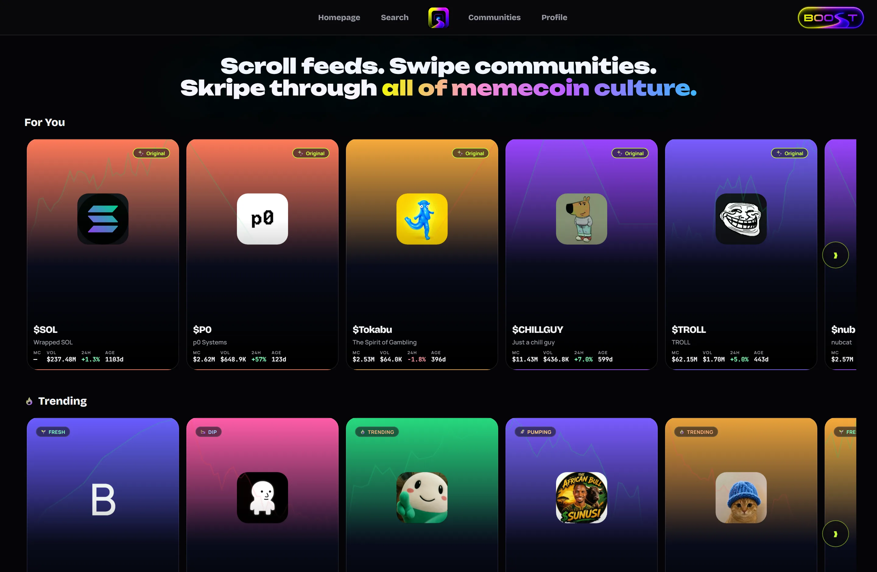 The Skripe desktop deck grid: rows of real coin cards per deck
