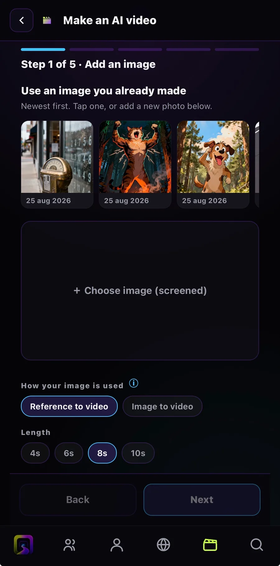 Step 1 of 5: add an image, reuse one you already made, and set how it is used and how long