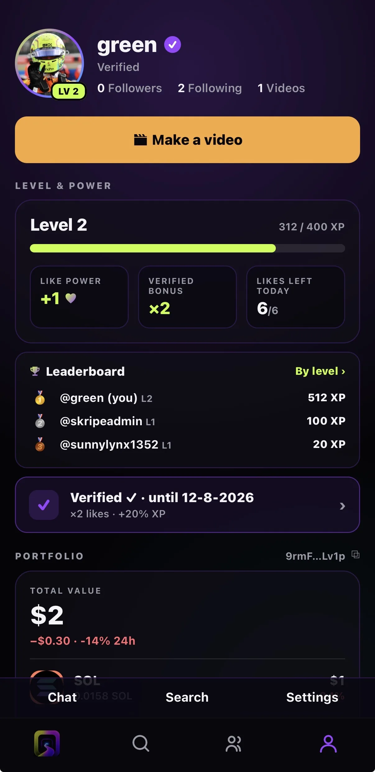 A real Skripe profile: level, XP, holdings, communities