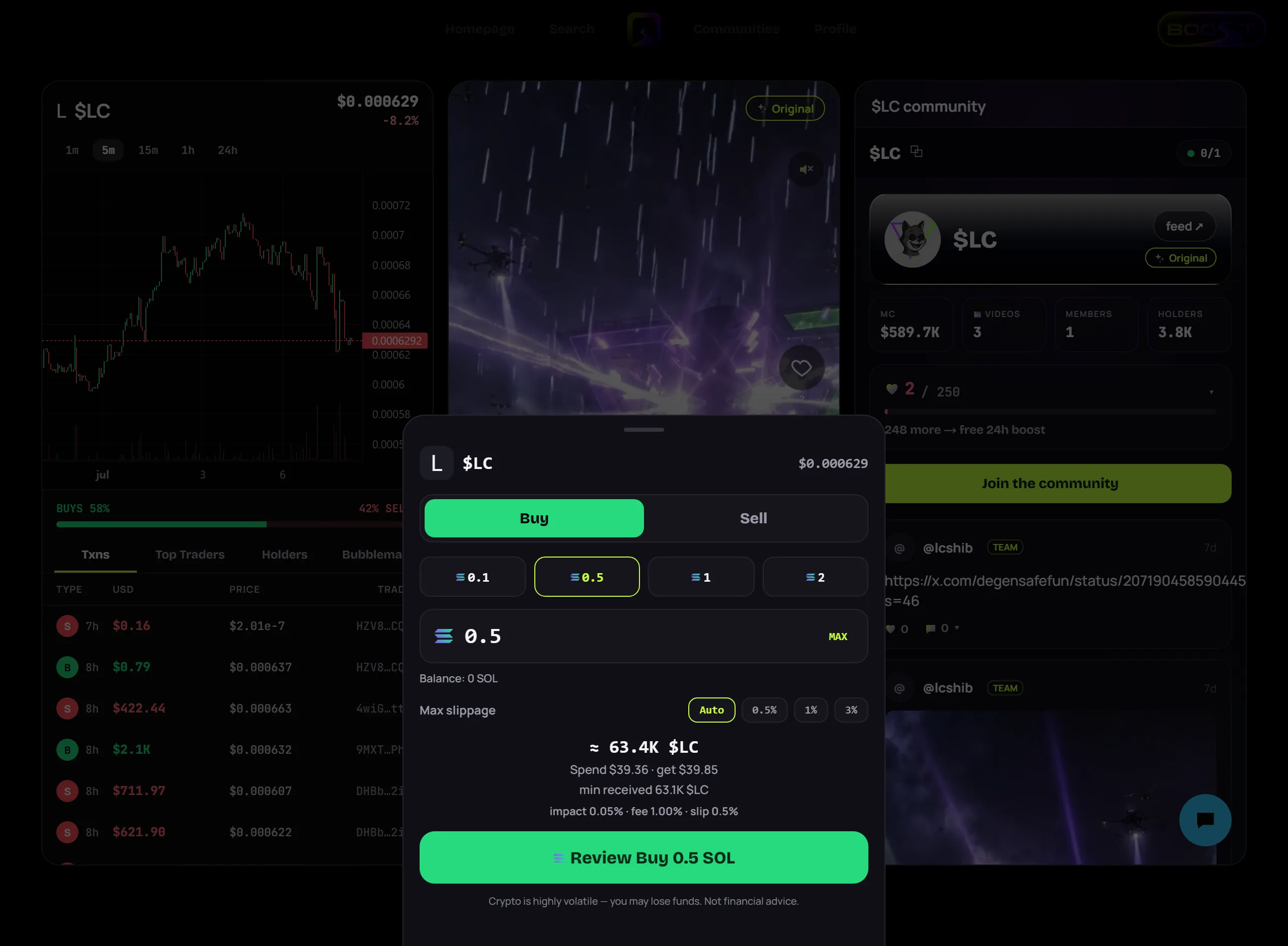 The Skripe trade sheet with a live quote: receive, min received, impact, fee, slippage