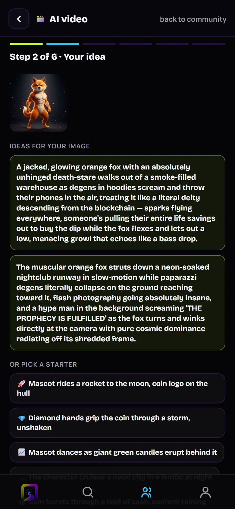 The AI video wizard, step 2: AI ideas written for the uploaded mascot